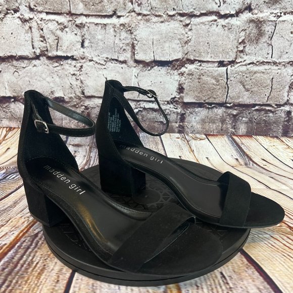 Madden Girl Solid Black Open Toe Adjustable Ankle Strap Block High Heels 6 M - Picture 1 of 9